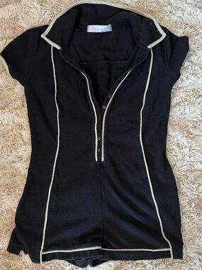 Free People Black Short-Sleeve Romper with Contrast Trim